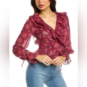 Free People Red Floral Amanda Ruffle Wrap Blouse Top Sultry Combo‎ Size Large